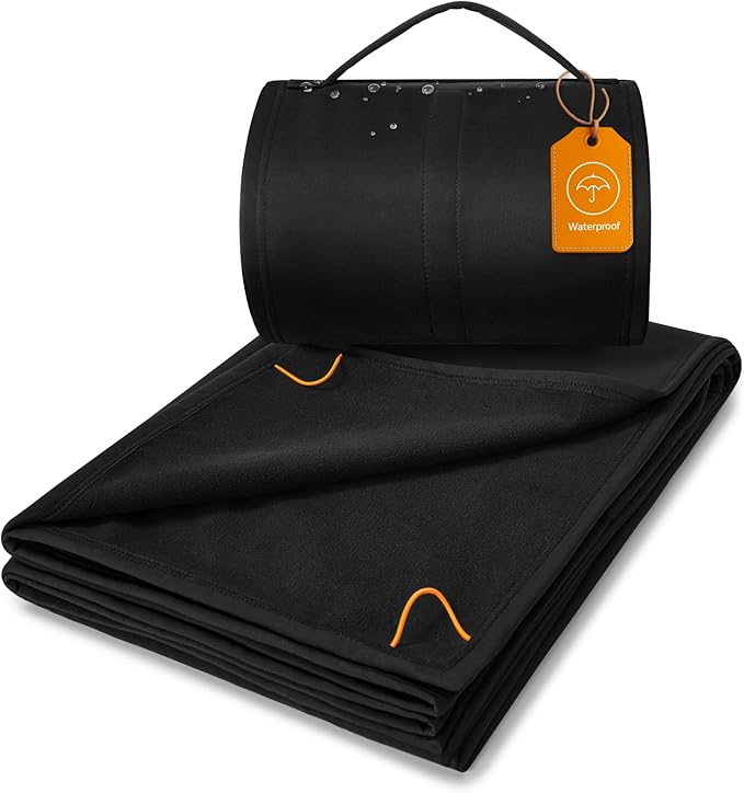 BEDELITE Large Waterproof Camping Blanket, Lightweight for Cold Weather, Foldable Fleece Stadium Blanket for Outdoor Sports, Windproof, Wearable, Machine Washable, 55" x 80",Black