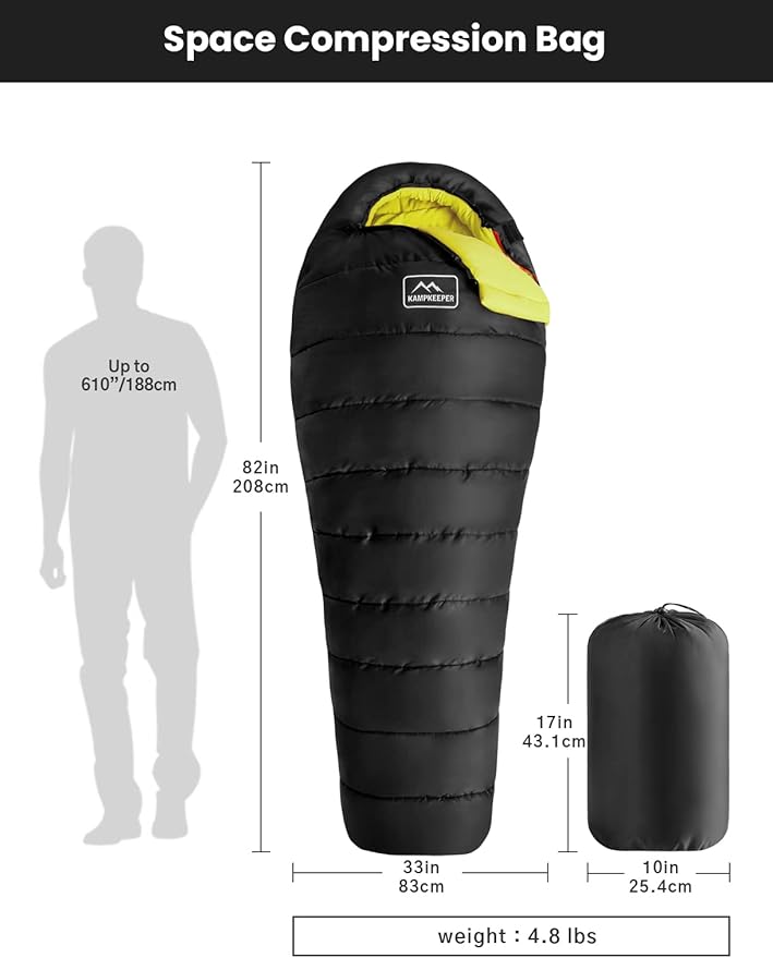 KAMPKEEPER Mummy Sleeping Bag for Adults,3-4 Seasons Cold Weather,Waterproof,Lightweight,Non-Snag Zipper with Adjustable Hood Perfect for Backpacking, Hiking,Camping