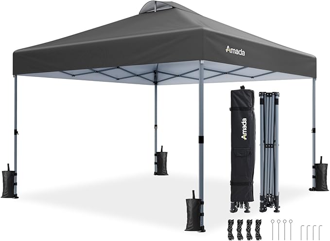 Amada 12x12 Pop Up Canopy - Center Lock One Push Instant Setup Gazebo Outdoor Canopy Beach Tent with STO-N-Go Bag 8 Stakes & 4 Sand Bags, 3-Height Adjustable Shade Shelter (12x12ft, Grey)