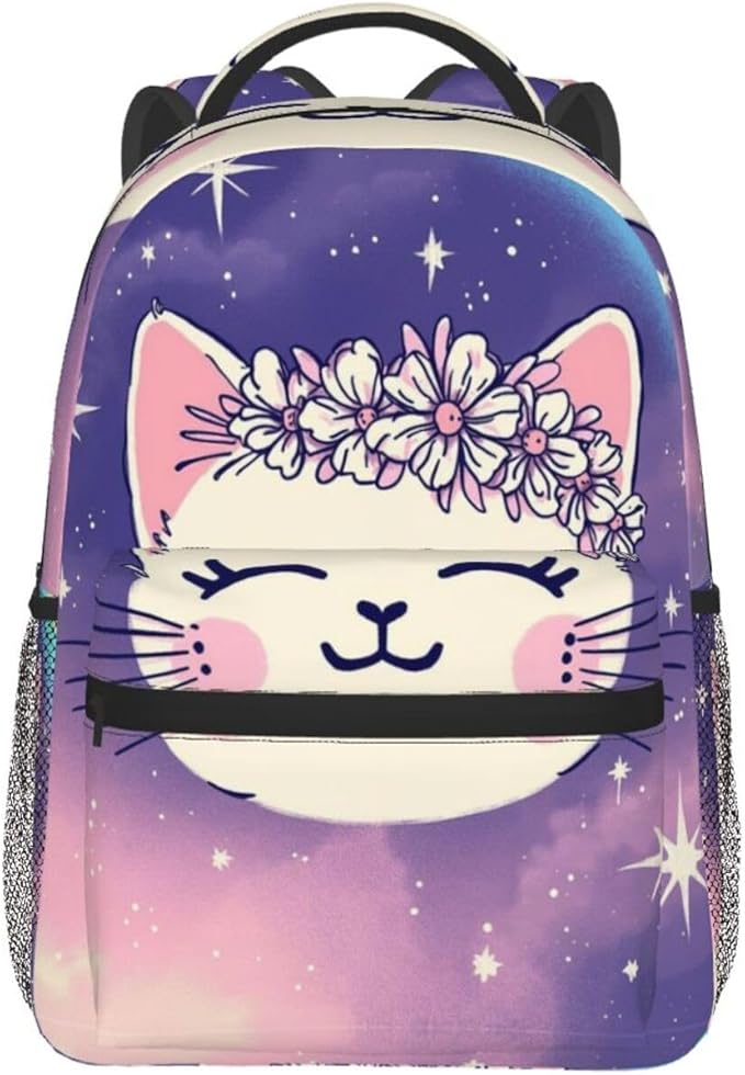 Backpack Multipurpose Anti-Theft Large Capacity Bookbag, Cute Rainbow Cat Face Art Travel Hiking Daypack With Side Pockets