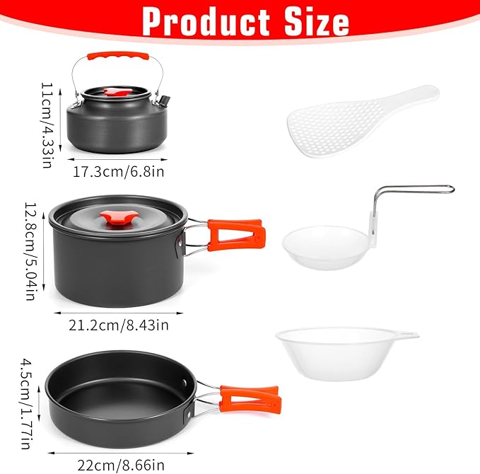 8pcs Camping Cookware Camping Pots and Pans Set with Kettle Plastic Bowls and Soup Spoon for Camping, Backpacking, Outdoor Cooking and Picnic