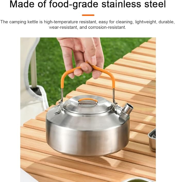 Camping Kettle, Portable Stainless Steel Tea Coffee Pot, Outdoor Water Teapot with Safe Handle for Picnic, Fishing, Backpacking