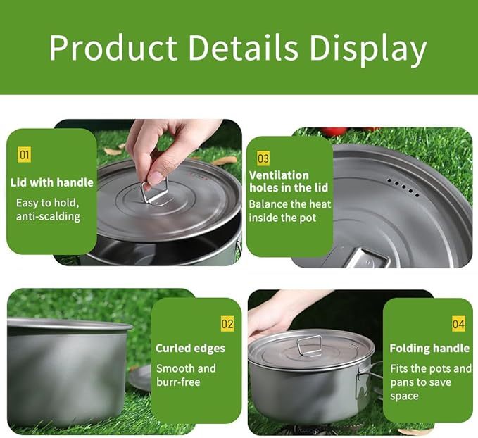 BY-J 3 Piece-Set, Outdoor Titanium Frying Pan & Pot with Lid Folding Handle Camping Hanging Cookware Hiking Picnic Ultralight Bowl Tableware