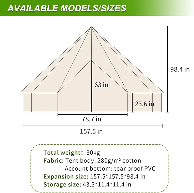 Cotton Canvas Bell Tent, Luxury Glamping Tent, Yurt Tents for for All Year Living, Waterproof Bell Tent for 4/8/10/12 Person Family Camping Outdoor Hunting Christmas Party in 4 Seasons 13.1Ft/4M