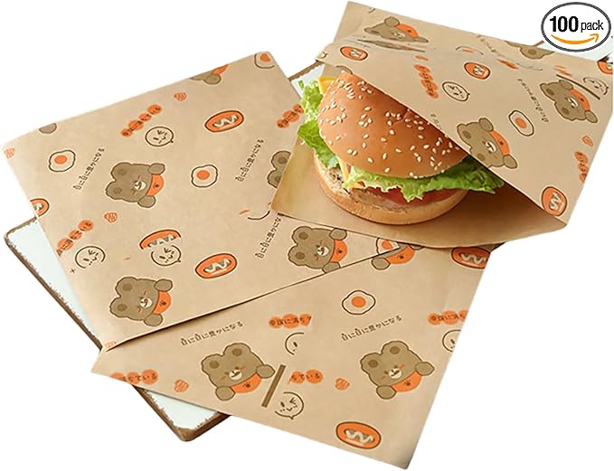 100 PCS 7x7 Inch Grease Proof Paper Bags, Double Open End Sandwich Bags for Pretzels, Burgers, Cookies | Bulk Snack Bags for Concession Stands, Birthday Parties, Wedding Favors (bear pattern)
