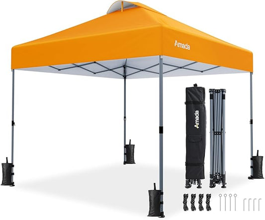 Amada 10x10 Pop Up Canopy - Center Lock One Push Instant Setup Gazebo Outdoor Canopy Beach Tent with STO-N-Go Bag 8 Stakes & 4 Sand Bags, 3-Height Adjustable Shade Shelter (10x10ft, Orange)