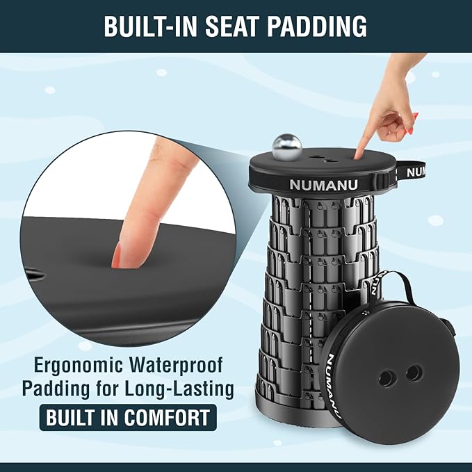 NUMANU 2025 Upgraded Collapsible Stool with Built-in Seat Padding, Height Adjustable Retractable Telescopic Seat, Max 620lb Portable Folding Stool, Foldable Camping Chair or Travel Footrest, 2.5"-18"H