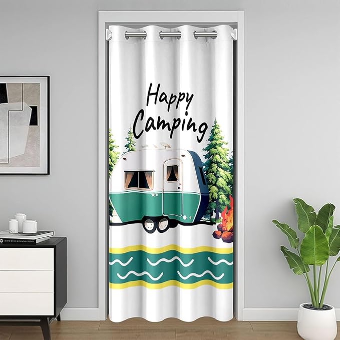 Camping Adventure Door Curtain,Stripe RV Trailer Cartoon Camper Blackout Curtain,Bonfire Campfire Pine Rustic Bedroom Doorway Living Room Decor,Natural Green Privacy Door Drape 1 Panel,52" W X 84" L