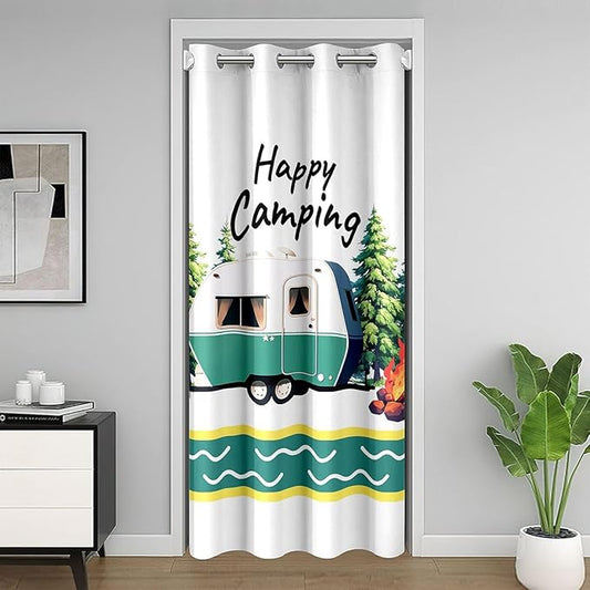 Camping Adventure Door Curtain,Stripe RV Trailer Cartoon Camper Blackout Curtain,Bonfire Campfire Pine Rustic Bedroom Doorway Living Room Decor,Natural Green Privacy Door Drape 1 Panel,42" W X 84" L