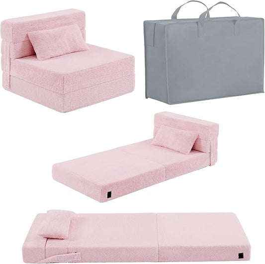 Folding Sofa Bed Floor Mattress for Kids with Pillow, Toddler Washable Folding Floor Nap Mat for Daycare, Child Fold Up Sofa Futon Chair Bed with Storage Bag for Playroom, Camping