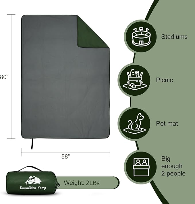 Fleece Waterproof Outdoor Blanket - Windproof Stadium Blanket for Camping, Picnics, and Sports Stay Dry and Comfortable 80"x 58"(Hoodeed, Green)