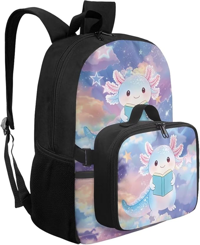 HUGS IDEA Axolotl Backpacks for Girls 4-6 Schoolbag with Lunch Box Cute Preschool Book Bags Student Hiking Camping Rucksack Daycare Bags Mochilas Para NiñA