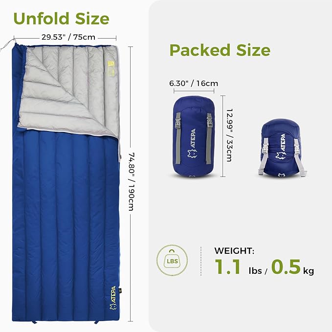 ATEPA Down Sleeping Bag for Adults, 650FP Ultralight 3 Season Compact Packable Sleeping Bag with Compression Sack for Camping Backpacking Hiking