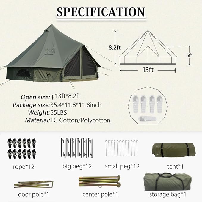 MC TOMOUNT Canvas Tent Bell Tent Yurt with Stove Jack Zipped Removable Floor for Glamping Truck Car Camping