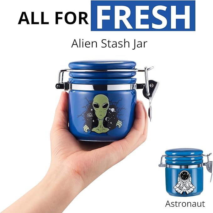 Alien Smell Proof Jar Half Oz (250ml), Separate Space for Humidity Pack To Keep Herbs Fresh For Months - Ceramic Smell Proof Containers, ET Stash Jar with Clamp Lid - Double Sealed Airtight Jar - Blue