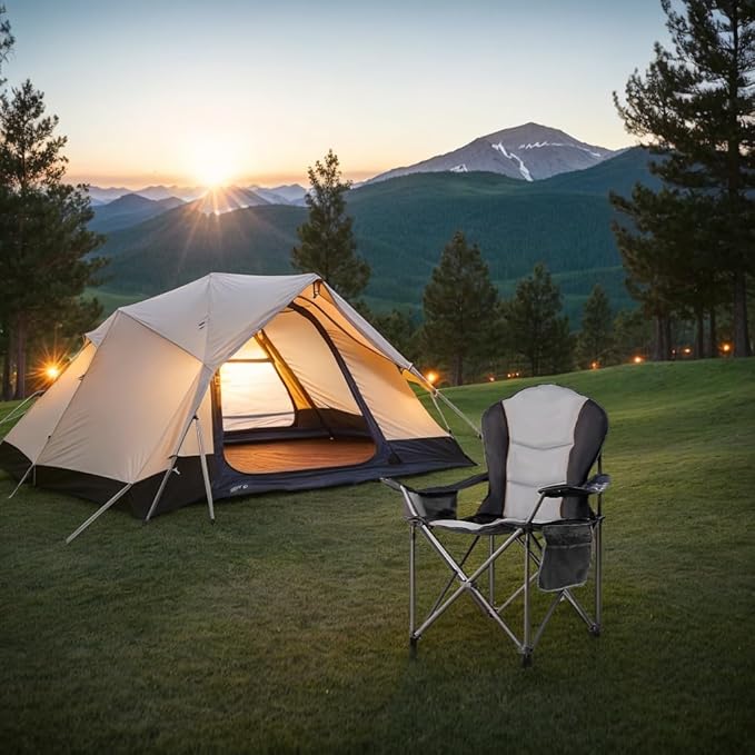 Camping Chair Oversized Folding Outdoor Camping Chair with Cooler Bag, Cup Holder & Waterproof Phone Case, Portable for Hiking/Beach,500LB (Black & Light Gray)