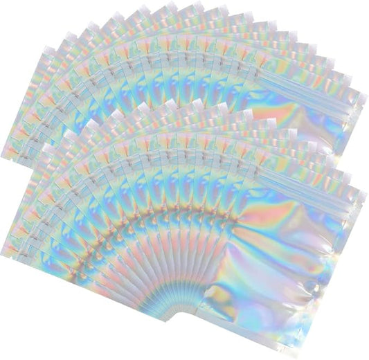 100 Pieces Resealable Smell Proof Bags Foil Pouch Bag Flat Bag for Party Favor Food Storage (Holographic Color, 7 x 9 Inch)