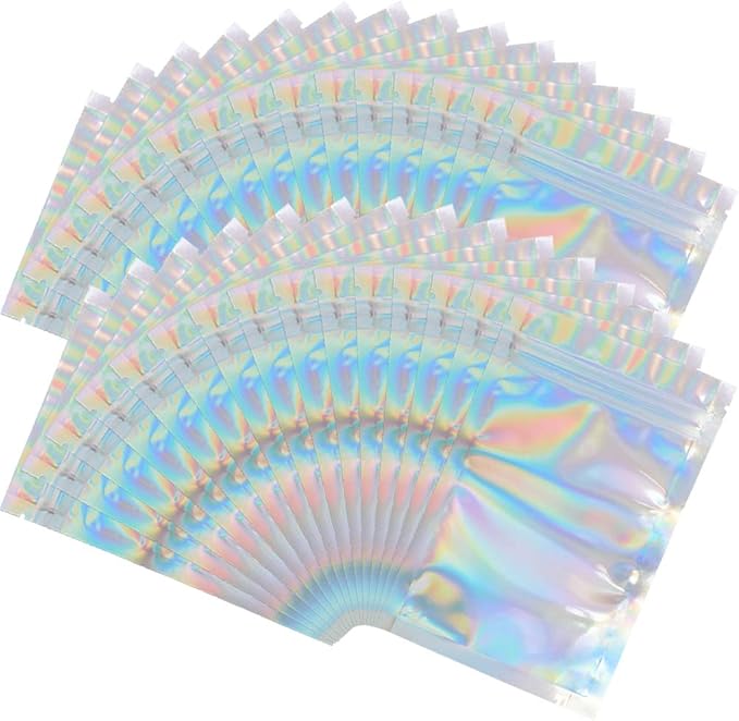 100 Pieces Resealable Smell Proof Bags Foil Pouch Bag Flat Bag for Party Favor Food Storage (Holographic Color, 8 x 10 Inch)
