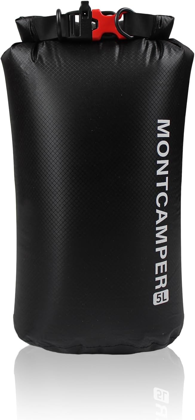 CORDURA Waterproof Dry Bag 5L – Heavy Duty IPX6 Roll Top Sack with Survival Whistle for Kayaking, Camping, Boating, Beach – Lightweight Dry Backpack (Black)