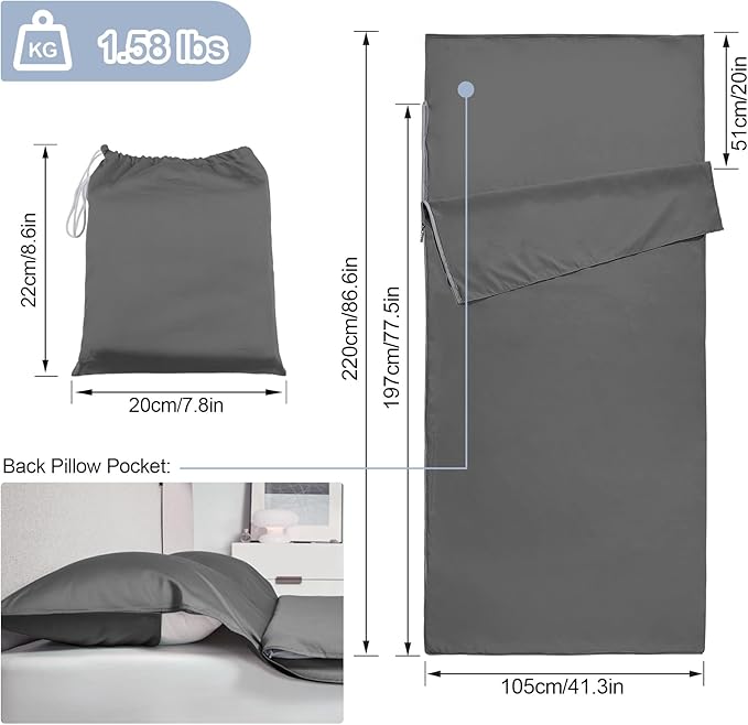 Sleeping Bag Liner,Long Staple Cotton, Adult Sleep Sack & Travel Sheets,Travel Sleep Sack for Backpacking, Hotels & Hostels Lightweight Travel Sheet Camping Sheets,Has Full Length Zipper