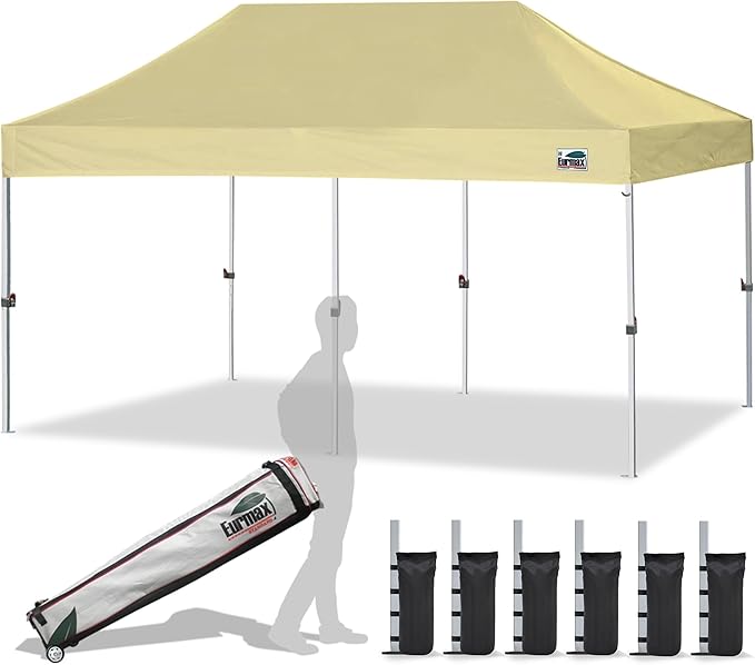 Eurmax USA 10'x20' Pop Up Canopy Tent Commercial Instant Canopies with Heavy Duty Roller Bag,Bonus 6 Sand Weights Bags (Sand)