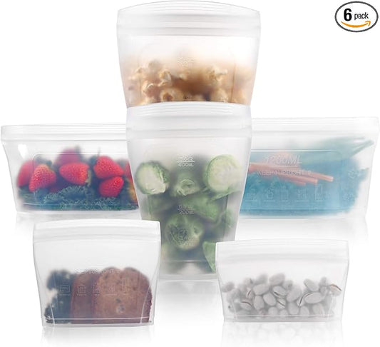Reusable food container silicone bag, Full Set 6, 2 Cups, 2 Dishes, 2 Bags Zip Containers Storage, 100% Silicone Reusable Food Bag, Stand Up Preservation Bag, Rounded interior for easy cleaning.
