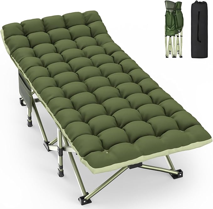 ZENPETIO Oversized XXL Folding Camping Cot, Heavy Duty Sleeping Cot for Adults with Mattress and Pillow, Portable Cot Bed with Carry Bag for Outdoor Camp Travel Home Guest Office, Green