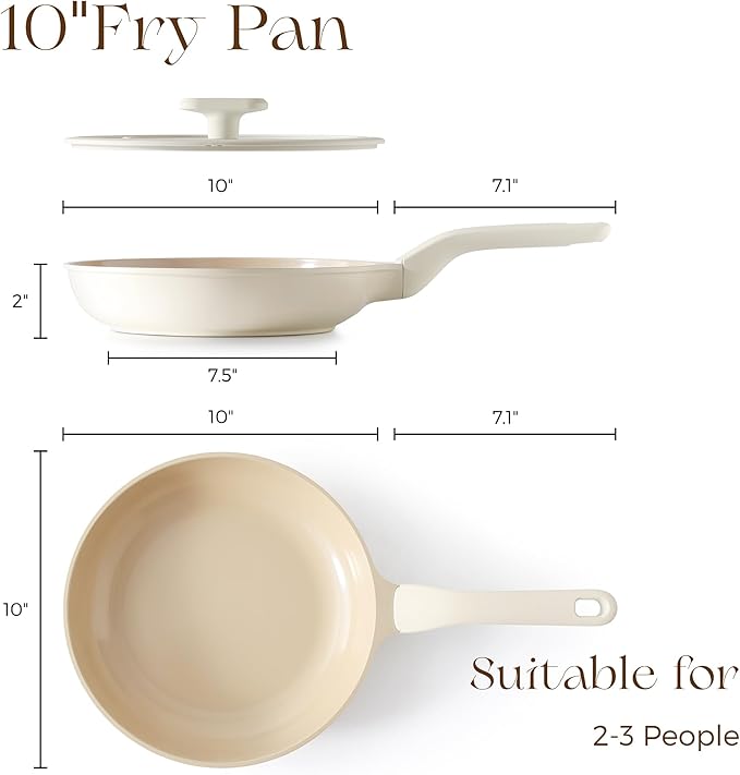 PRICUSIS Nonstick Ceramic Frying Pan with Lid, 8/10 Inch Skillet with Stay Cool Handle, Fully Coated, 100% Dishwasher Safe, Oven Safe, PTFE PFAS & PFOA Free (10 Inch, Coconut White