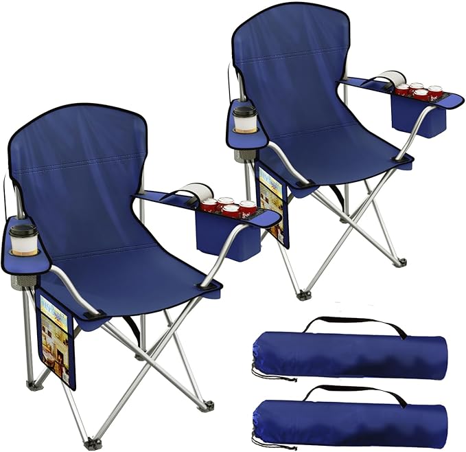 Folding Camping Chairs Durable 600D Oxford, Portable Outdoor Chair with Cooler Pouch, Cup Holder & Storage Pocket for Camping, Beach, Fishing