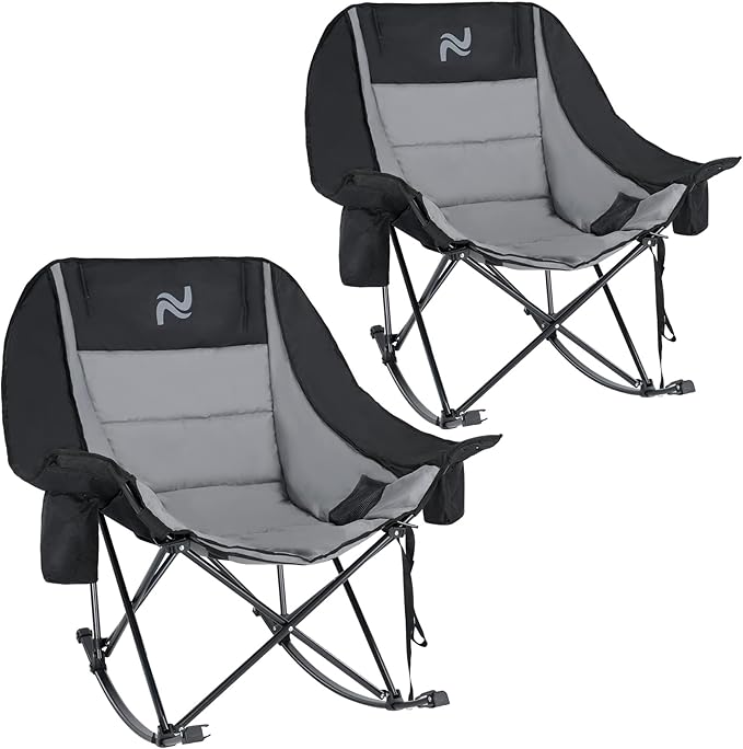 Oversized Rocking Camping Chair for Adults - Padded Recliner Rocker - Folding Lawn Chair with Cooler Bag and Pockets - Portable Rocker Chair Outdoor for Camp Patio Backyard