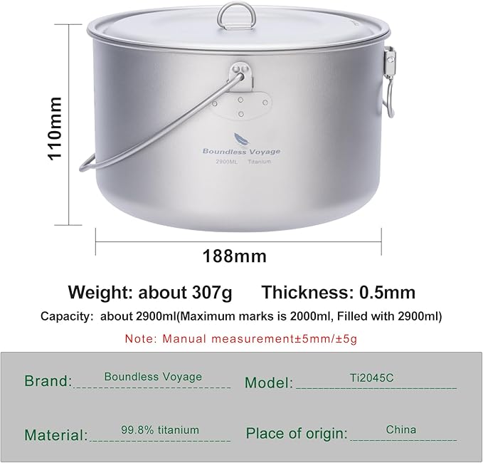 Boundless Voyage Titanium Hanging Pot for Outdoor Camping Backpacking Hiking Ultralight Portable Cooking Pot Camp Kitchen Cookware 1300ML/1950ML/2900ML