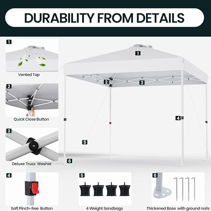 10x10 Pop Up Canopy, Heavy Duty Pop Up Tent with Wheeled Bag for Easy Moving, Easy Up Canopy Tent for Parties, Events, Camping, Outdoor Gazebo with 420D PU Coated Waterproof White Fabric