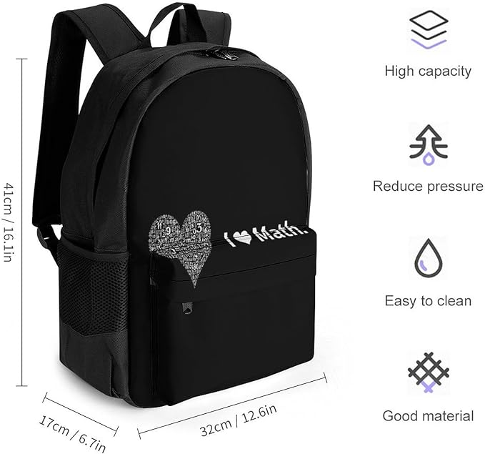 Supdreamc Lightweight Rucksack for Sports Travel Running, Big Capacity Multipurpose Anti-Theft Bookbag, I Love Math Heart Black Travel and Sport Backpack Rucksack