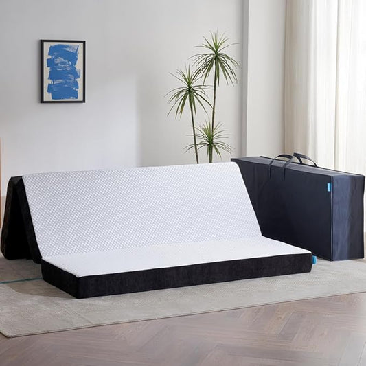 Odorless Foldable Mattress King Size 80" x 76" x 6", 6 Inch Folding Foam Mattress with Storage Bag, Fiberglass Free Trifold Memory Foam Mattress for RV, Guest Bed