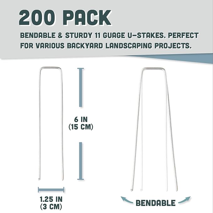 Squirrel Products Galvanized Steel Redrawn Garden Stakes, 6 Inch Lawn Staples, 11 Gauge Stakes, 2.9mm 15x2.5x15cm – 200 Pack