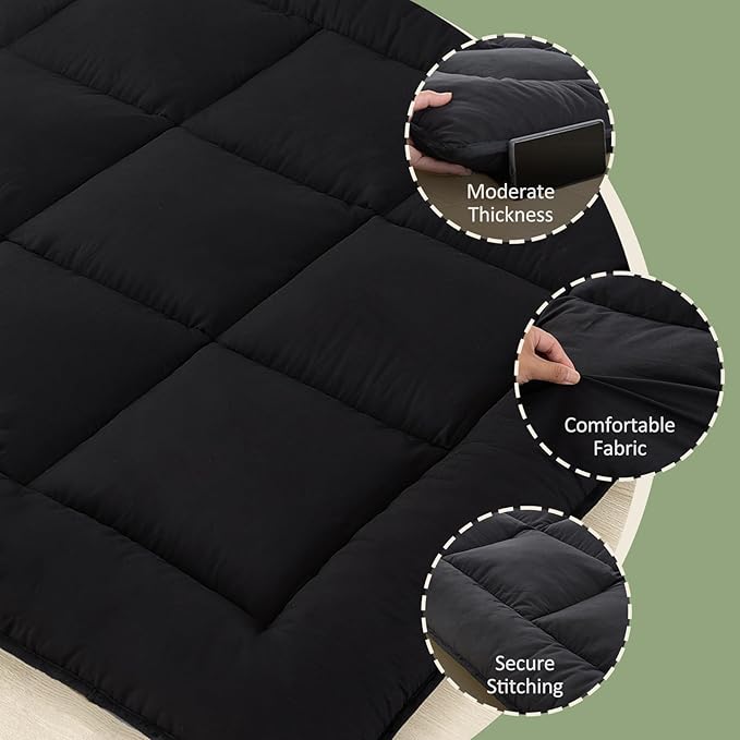 Japanese Floor Mattress Foldable & Portable Roll Up Futon Mattress 3" Black Tatami Mat for Adult and Kids，Shredded Memory Foam Filled with Straps Sleeping Pad Suitable for Camping，60"x 80" Queen Size