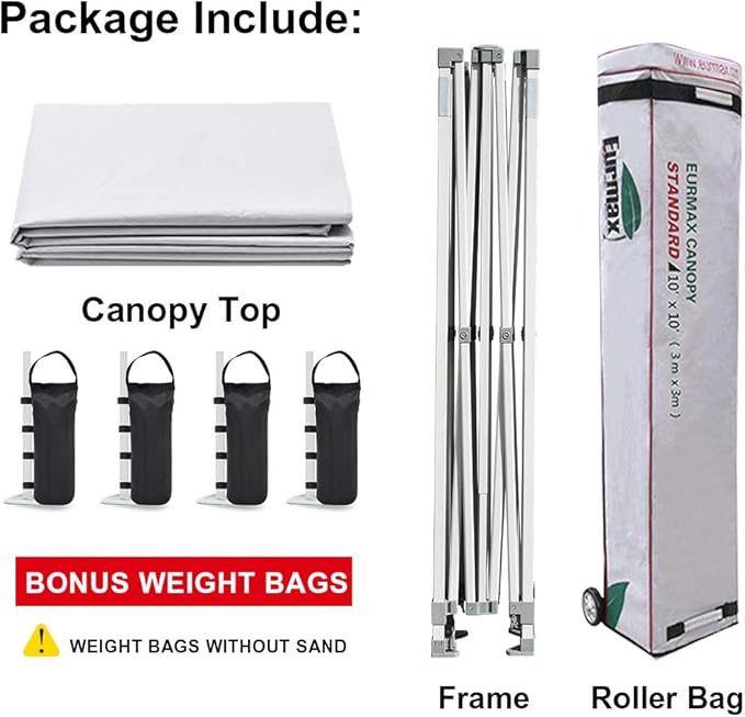 Eurmax USA Patented 10x10 Pop Up Canopy Tent Party Tent Commercial Instant Canopies Shelter with Heavy Duty Roller Bag,Bonus 4 Sand Bags (Snow White)