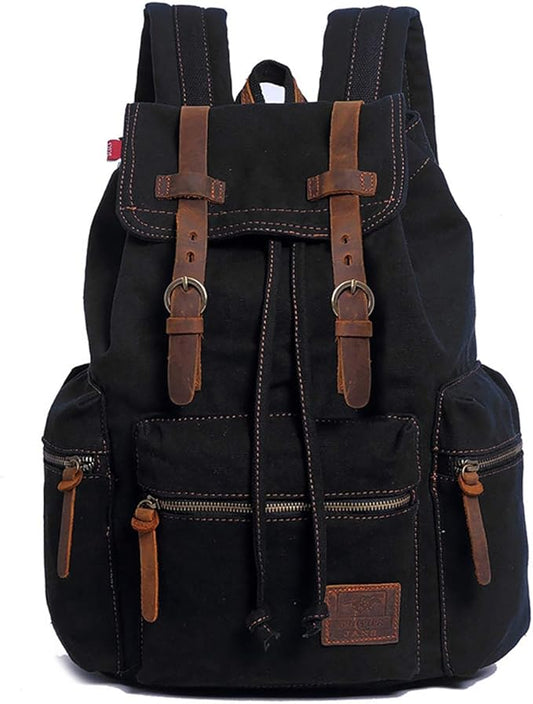 HuaChen Vintage Canvas Travel Backpack with Leather Trim, Laptop Padded Sleeve, Hidden Back Security Pocket, Fits 15-Inch, M32 Black Large
