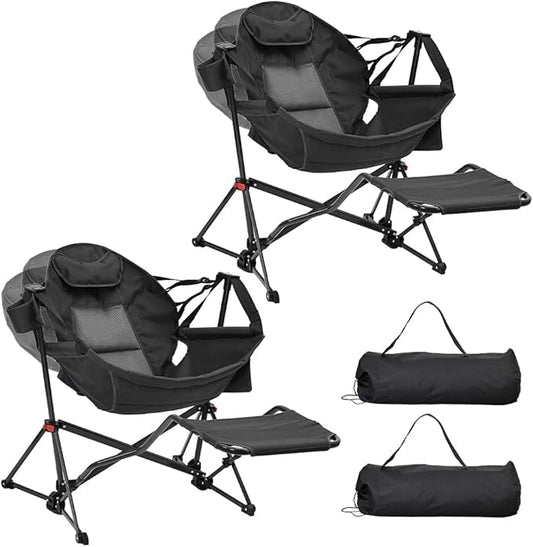 Ainfox Hammock Camping Chair with Footrest, Heavy Duty Foldable Portable Rocking Hammock Chairs Outside Swinging Camp with Cup Holder Pillow for Outdoor Patio Poolside Black 2 Pack