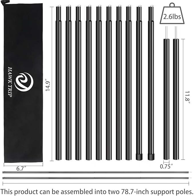 Camping Tarp Poles Tent Poles Adjustable for Tarp Canopy Awning Beach Shade (Dia 0.75"/Length 80.7")