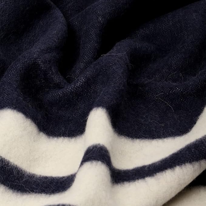 Thick Alpaca Wool Blanket Heavyweight for Camping Outdoors or Using Indoors | Soft Peruvian Alpaca Wool Blankets (Navy Blue/Ivory, Queen)