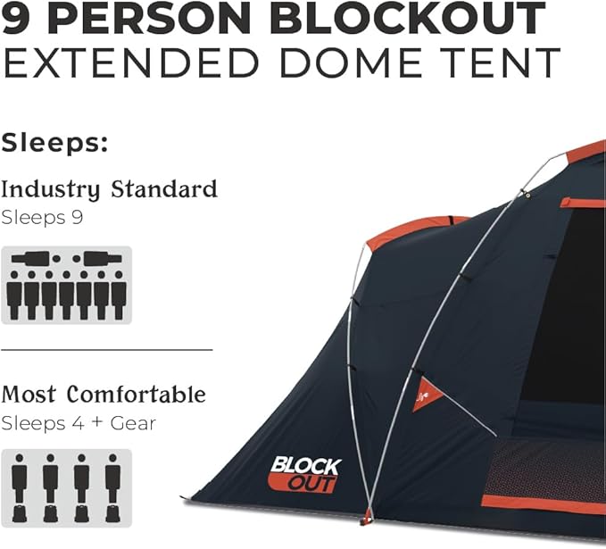 CORE Blackout 6 Person & 9 Person Dome Tent | Best Car Camping Outdoor Family Camp Tent | Included Storage Pockets for Camping Accessories | Portable Tent for Camping with Carry Bag