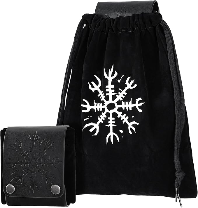 HiiFeuer Medieval Embossed Foraging Bag Belt Pouch, Portable Collapsible Bag Hiking Pouch for Ren Faire (Black A)