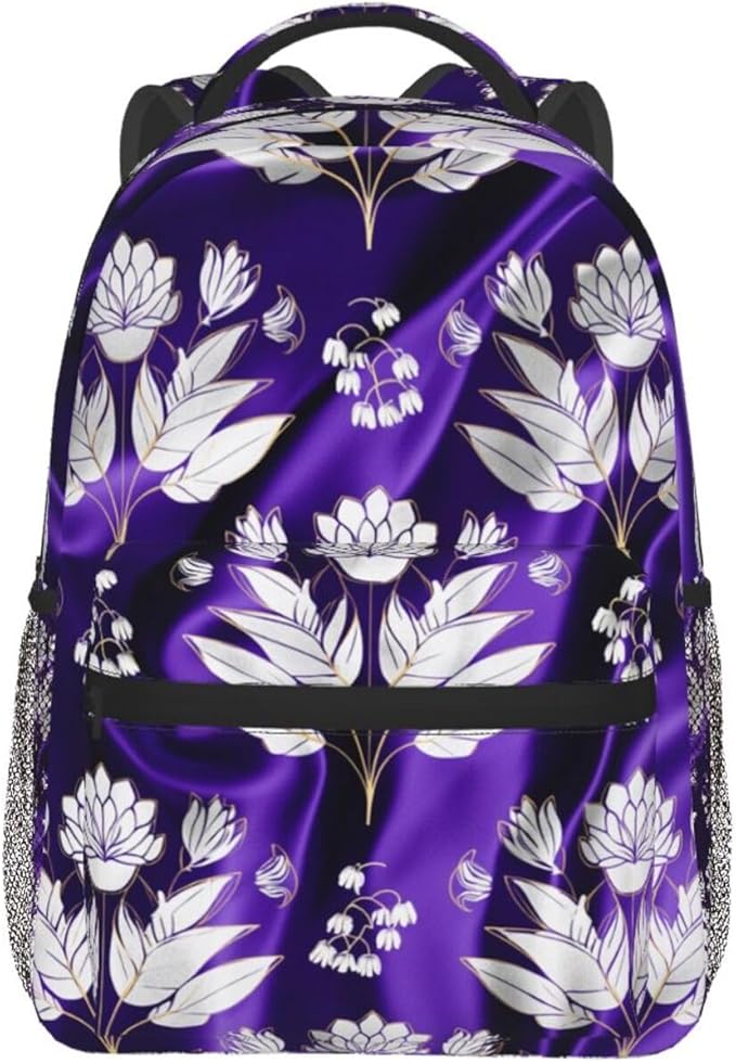Men Women Polyester Aloha Hawaiian Purple Floral Art Daypack Bookbag Big Capacity Shoulder Bag With Padded Straps for Climbing Travel Walking Cycling