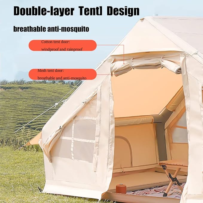 Inflatable Glamping Tent, 3-5 Person Family Tent, 4 Season Waterproof Windproof Large Air Tent with Air Pump and Carry Bag, for Outdoor, Camping, Hiking, Mountaineering