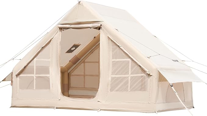 VEVOR Inflatable Tents for Camping, Easy Setup Blow up Tent with Hand Pump, 4 Season Glamping Tent with Stove Jack, Doors & Mesh Windows, Storage Bag Included for Easy Taking