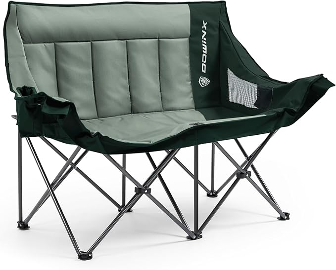 Dowinx Double Camping Chair Loveseat with Cup Holders & Wine Glass Holders, Oversized Folding Outdoor Lawn Chair 660lbs, Portable Padded Seat with Storage Bag for Adults, Beach, Patio, Picnic - Green