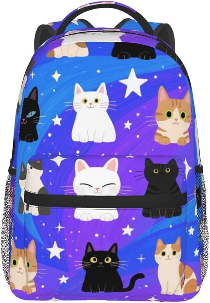 Polyester Daypack Backpack for Trekking Picnic Walking Cycling, Large Capacity Anti-Theft Multipurpose Shoulder Bag, Galaxy Cats Cat Heads In Space Galaxy Casual Daypack