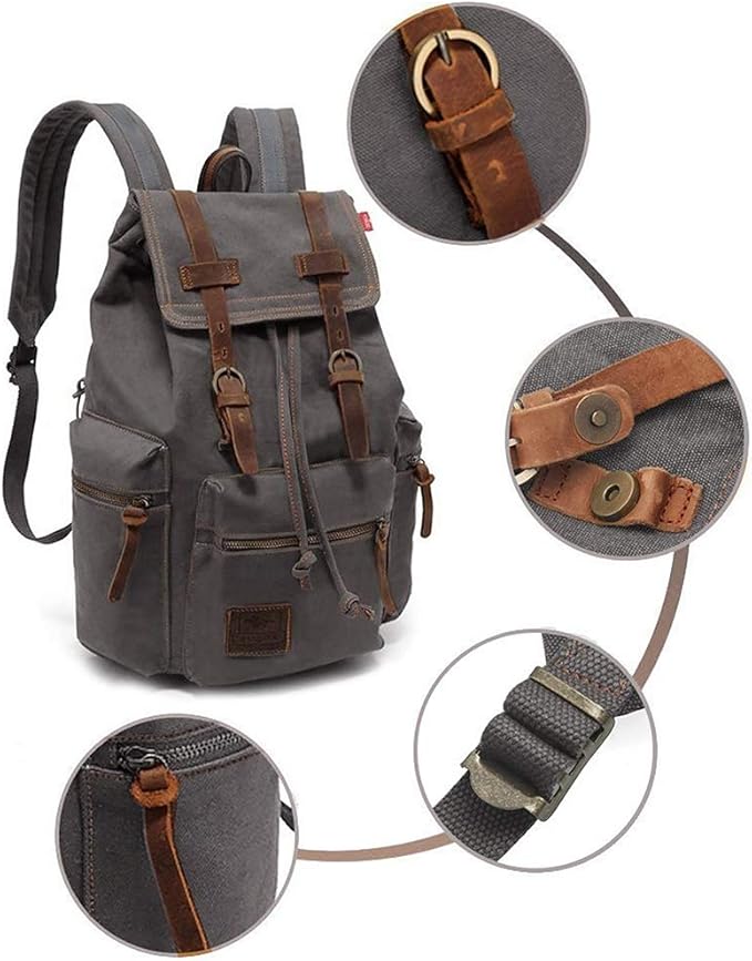 HuaChen Vintage Canvas Travel Backpack with Leather Trim, Laptop Padded Sleeve, Hidden Back Security Pocket, Fits 15-Inch, M32 Gray Large