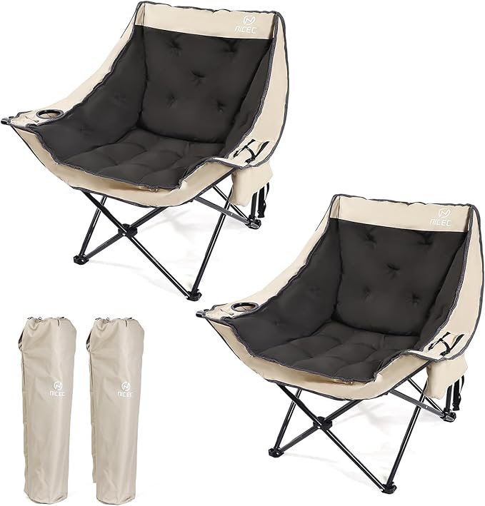 Nice C Padded Camping Chair, Oversized Camping Chairs, Oversized Thick Padded Folding Chairs, Outdoor Sports Chair, Heavy Duty, with Cooler Bag, Cup Holder, Side Pockets (2 Pack)
